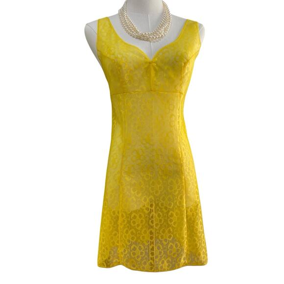 Vintage 60s Germany Stretta Neon Yellow Sheer Lace Mini Full Slip Dress Size S - Picture 3 of 9